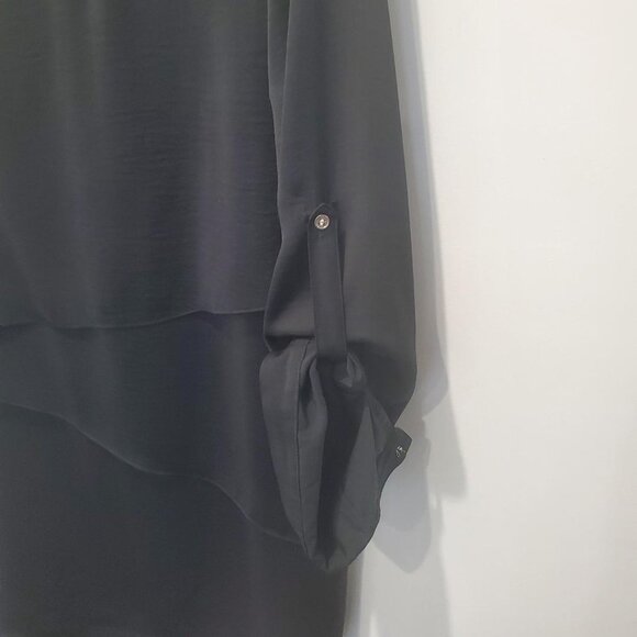 Chico's Black Label Asymmetrical Black Tiered Tunic Top with Roll Up Sleeves  2 - Picture 5 of 9